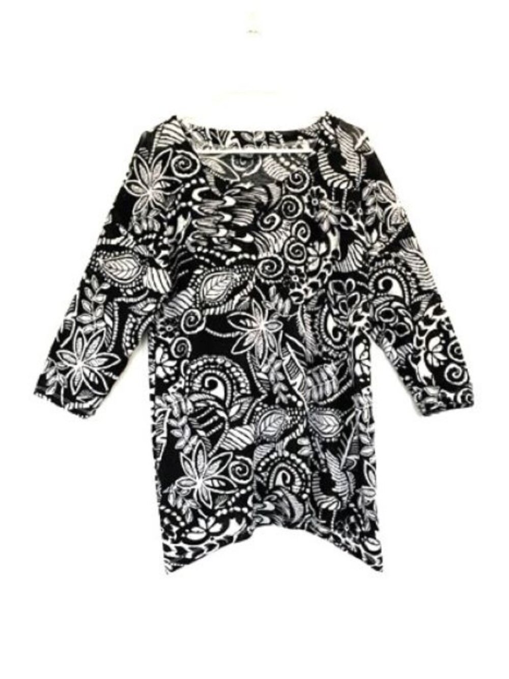 Onque Casuals Black and White Beaded Floral Tunic with Asymmetrical Hem